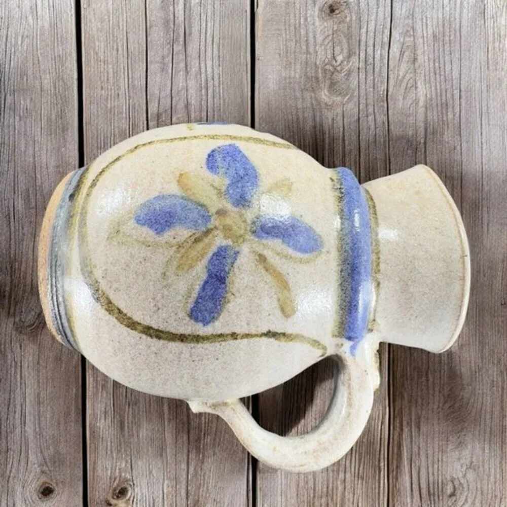 Hand Made Stoneware‎ Pottery Pitcher Carafe Hand Painted Blue Flowers Vintage